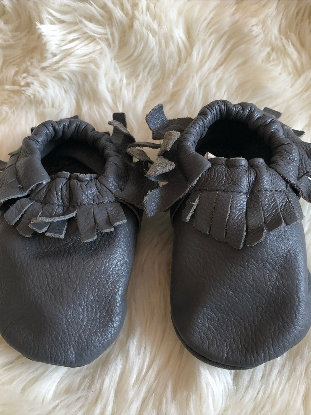 Lucky Love Gray Leather Soft Sole Baby Moccasins Fringe Crib Shoes | 3-6 months